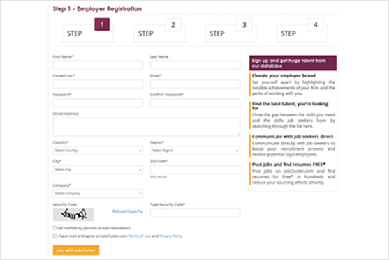 Snapshot of employer registration form