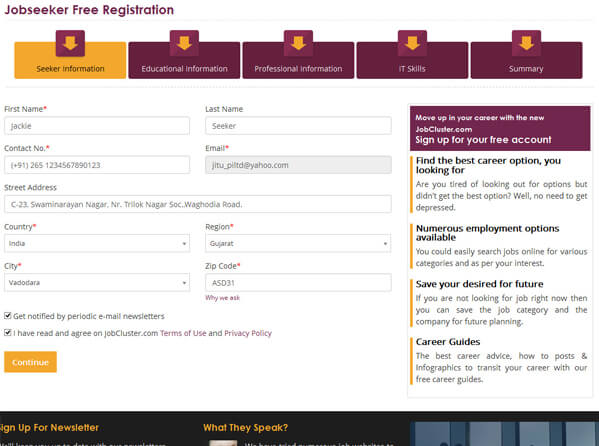 Snapshot of job seeker profile page
