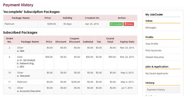 Example of payment history page